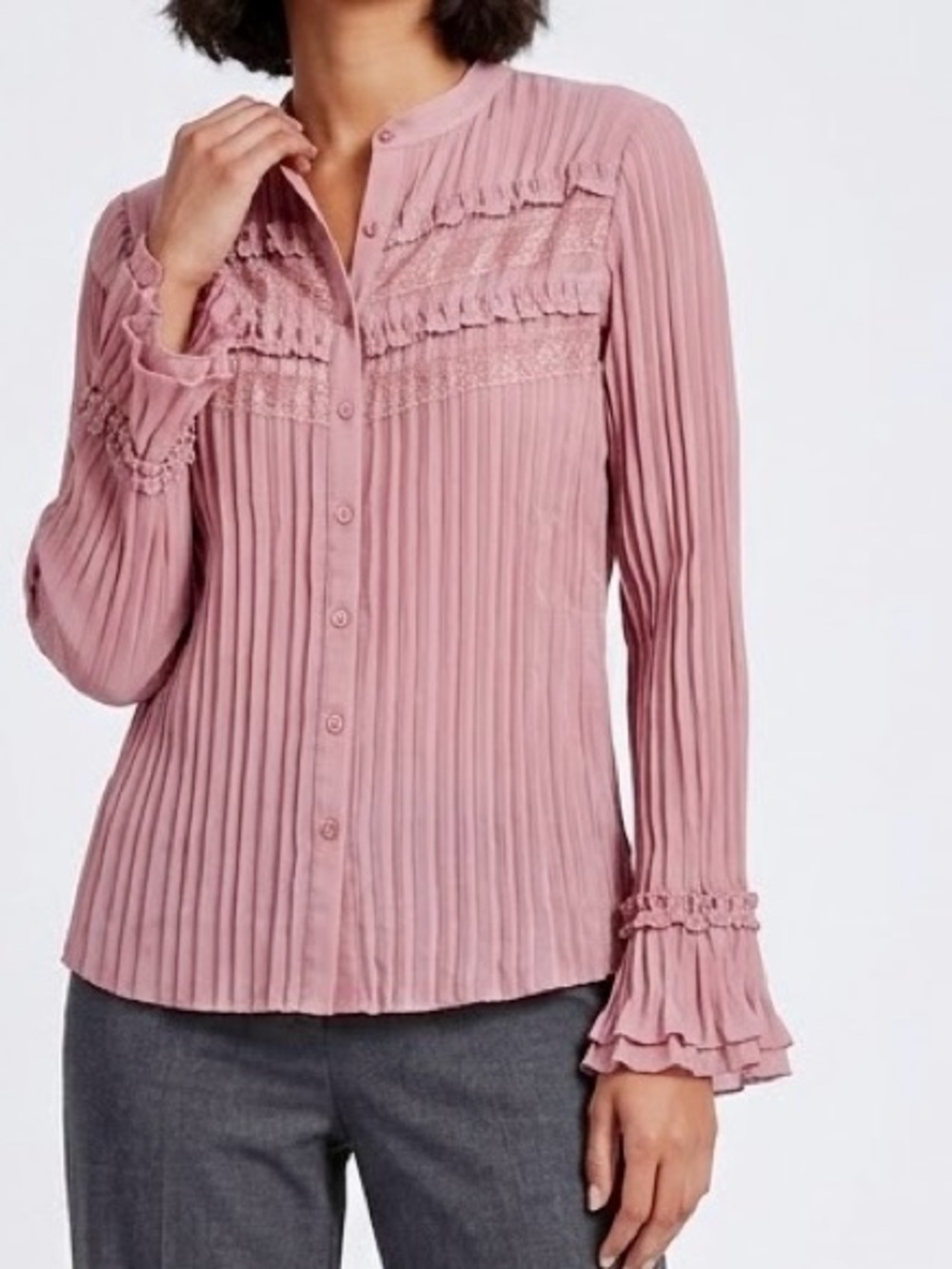 APT. 9 Chiffon Ruffle Lace Dusty Rose Pink Pleated Button-Up Blouse Top #LHP